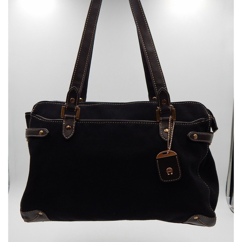 Etienne Aigner Womens Black Canvas Brown Faux Leather Trim Purse Shoulder Bag